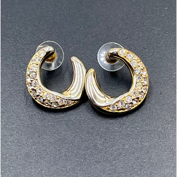 Swarovski Signed Vintage Gold Plated C Shaped Clear Crystal Pierced Earrings - Picture 8 of 8